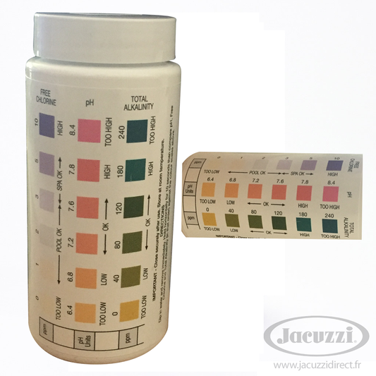 Bandelettes de test chlore, ph et alcalinité pour spa Jacuzzi - échelle de correspondance